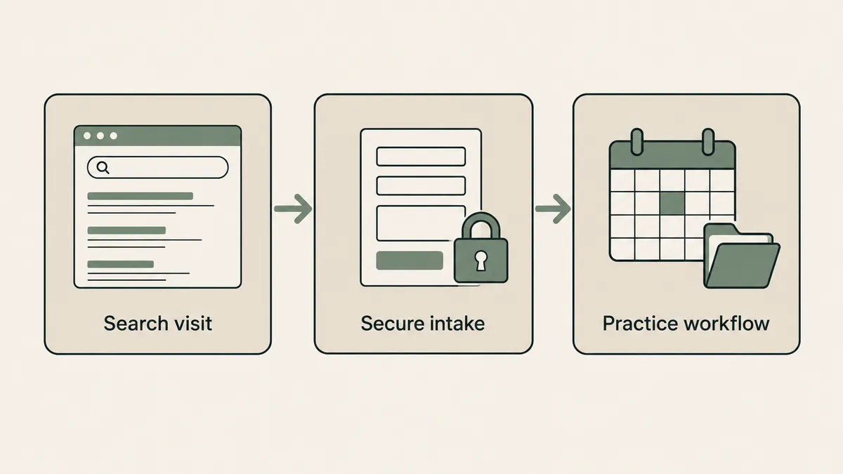 Search results lead to a locked intake form and an organized calendar, showing a therapy website workflow.
