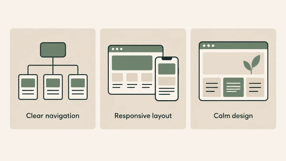 A site map, responsive screens and a calm page layout show essential features of therapist website templates.