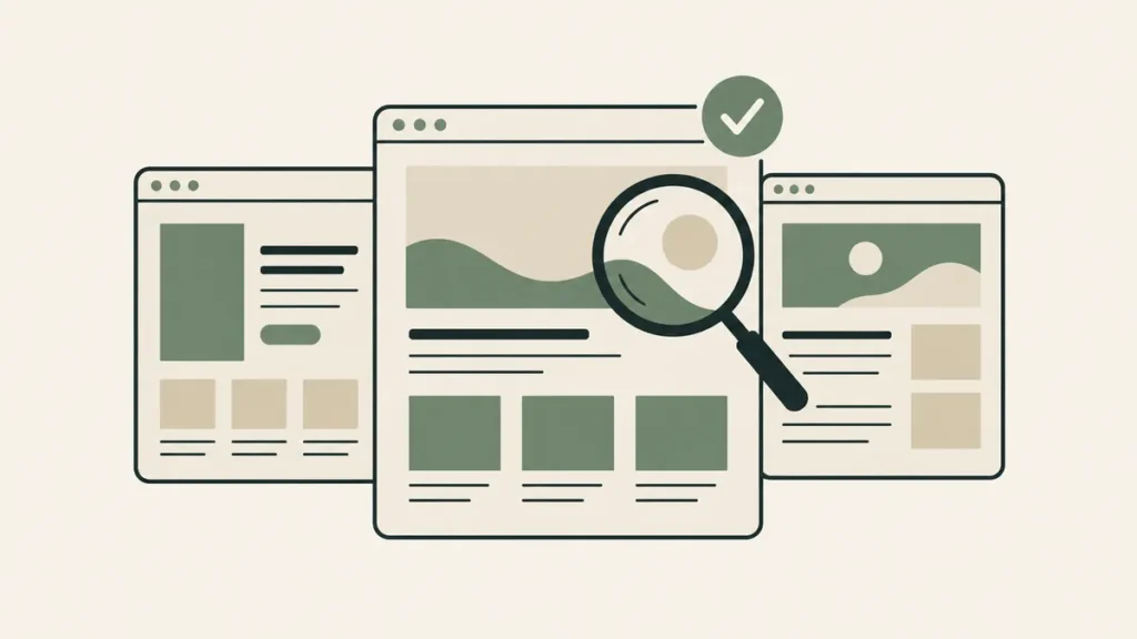 Three website layouts with a magnifying glass and checkmark illustrate choosing a template for a private therapy practice.