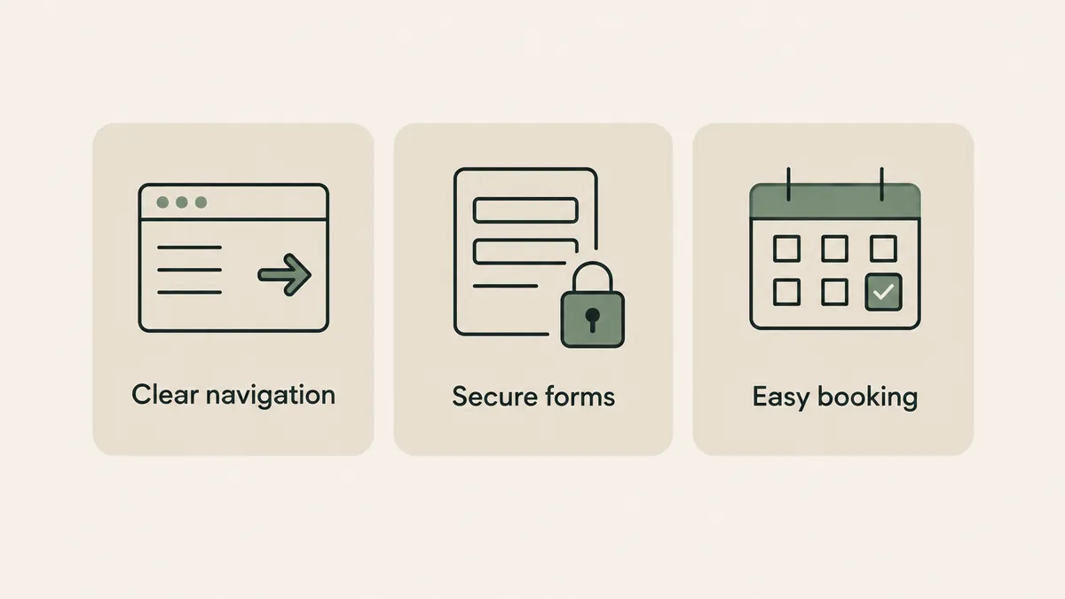 Navigation, secure form and booking cards show essential website features for a private therapy practice