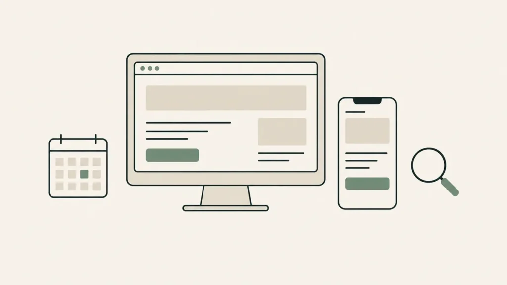 Desktop and mobile page layouts with calendar and search icons illustrate a complete therapy website