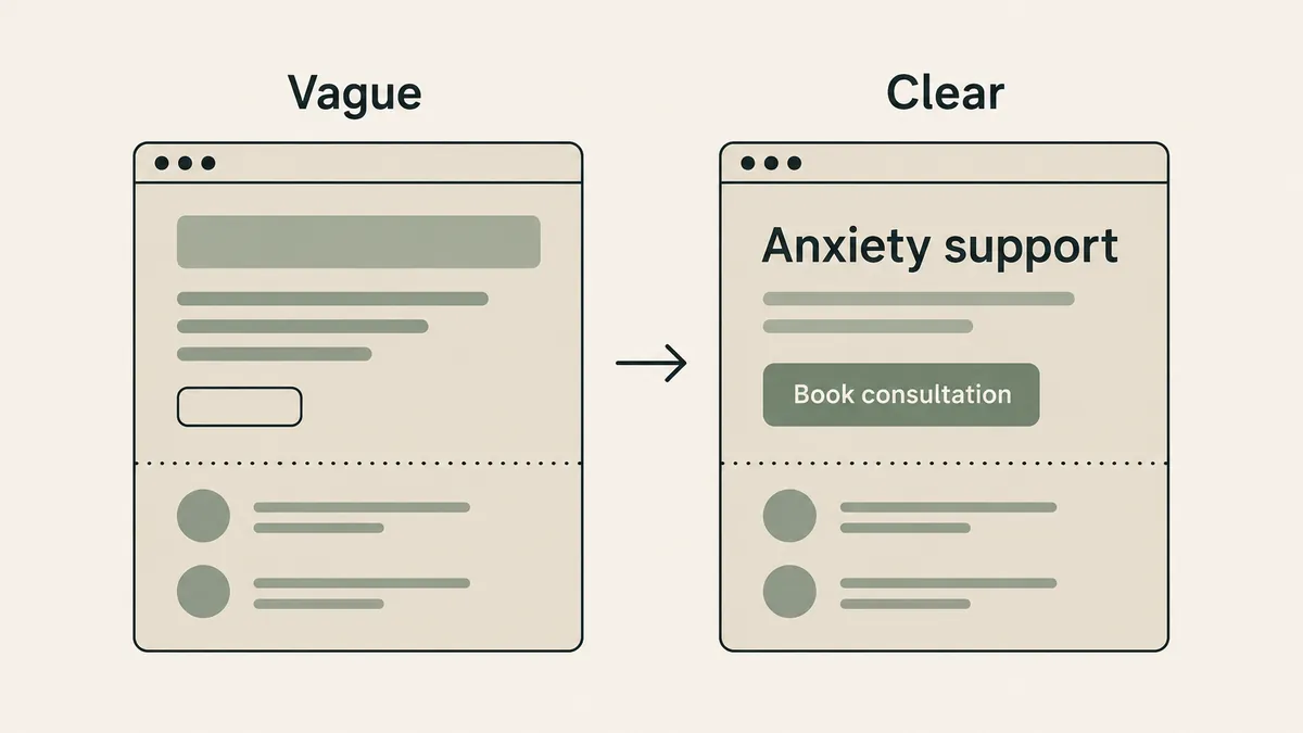 Two homepage panels compare vague content with a clear anxiety focus and booking button for therapists