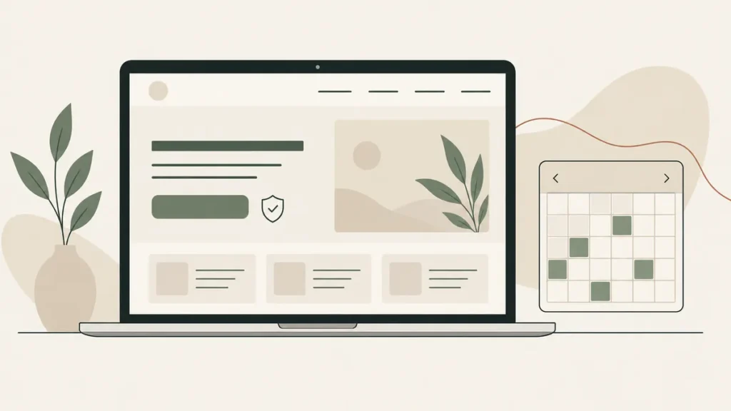 Laptop with a clear booking button, trust shield and calendar for effective therapist website design