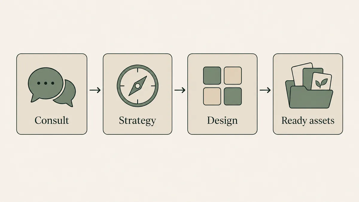 Consultation, strategy, design and ready assets form a four-step workflow for one-day therapist branding.