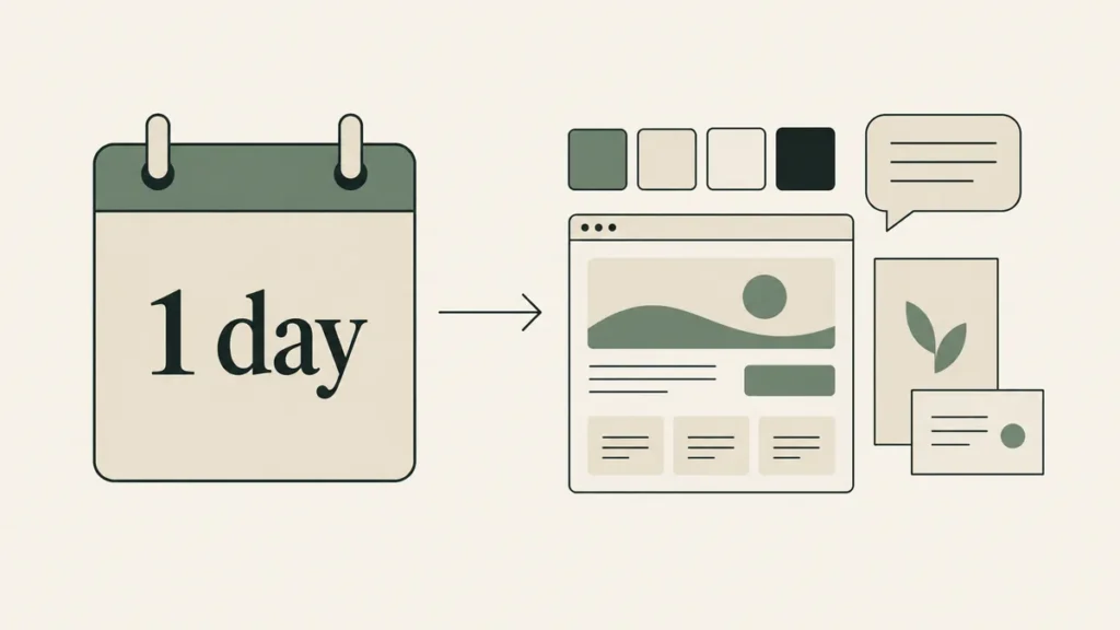 A one-day calendar leads to a coordinated palette, messaging and website kit for focused therapist branding.