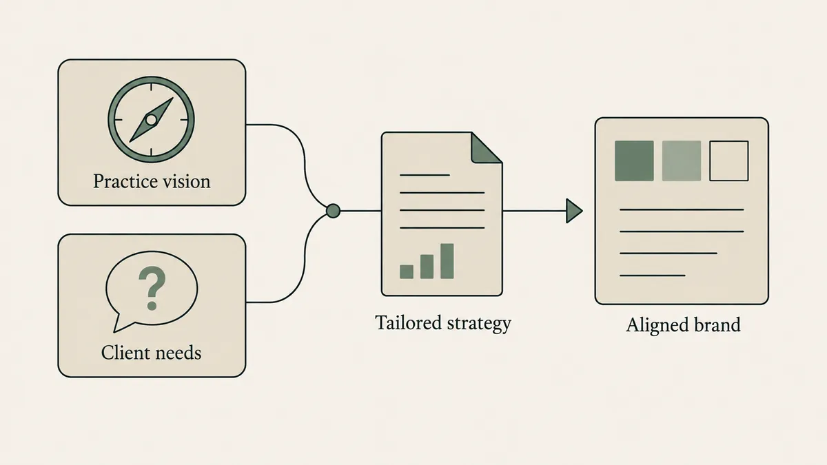 Practice vision and client needs shape a tailored strategy and aligned brand in a therapist branding diagram.