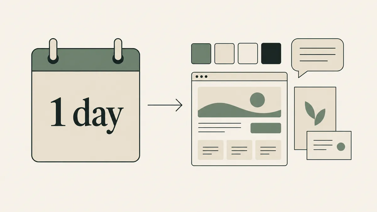 A one-day calendar leads to a coordinated palette, messaging and website kit for focused therapist branding.