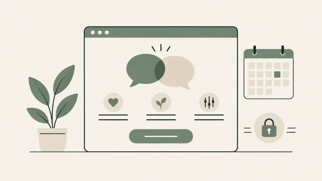 Browser with connected speech bubbles, booking calendar and lock illustrates a couples counseling website.
