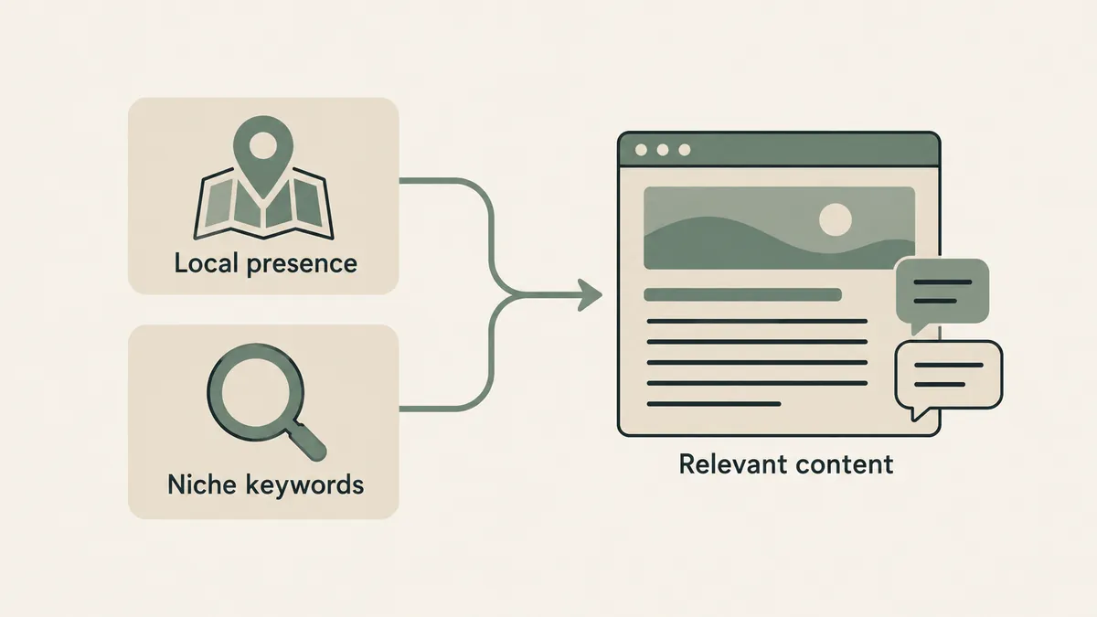 Local map presence and niche keywords connect to relevant content for couples counseling website SEO.