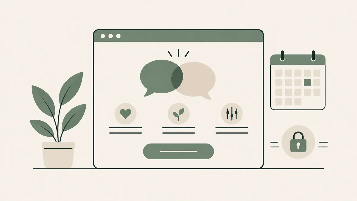 Browser with connected speech bubbles, booking calendar and lock illustrates a couples counseling website.