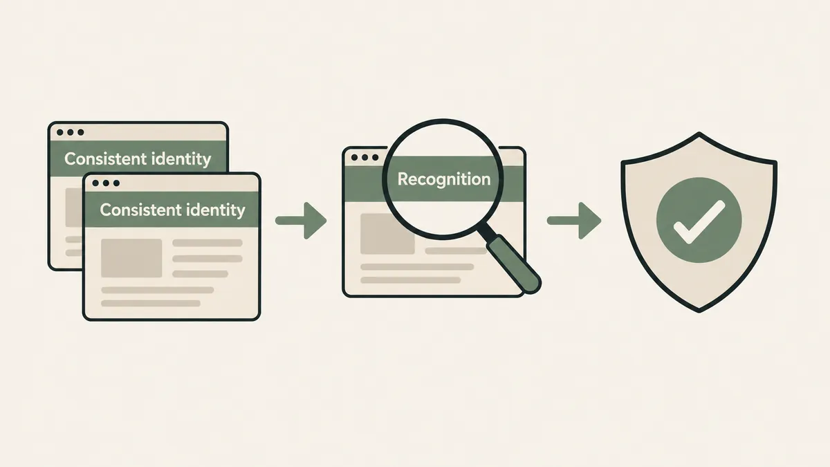 Matching webpages lead to a magnifying glass and shield, linking therapist brand consistency with recognition and trust.