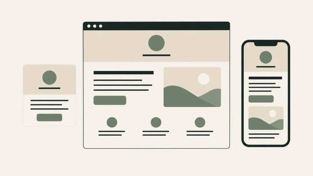 Matching website, mobile page and content card demonstrate a consistent visual identity for a therapist practice.