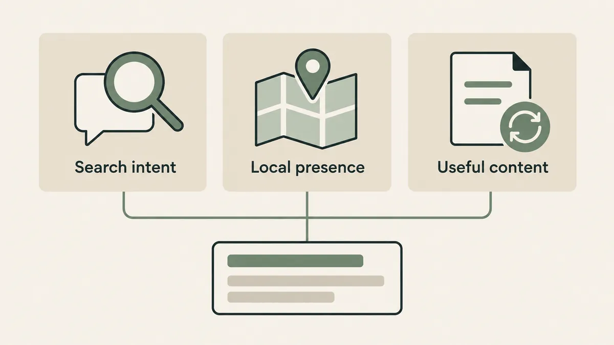 Search intent, local presence and useful content connect to a search result card for therapist brand visibility.