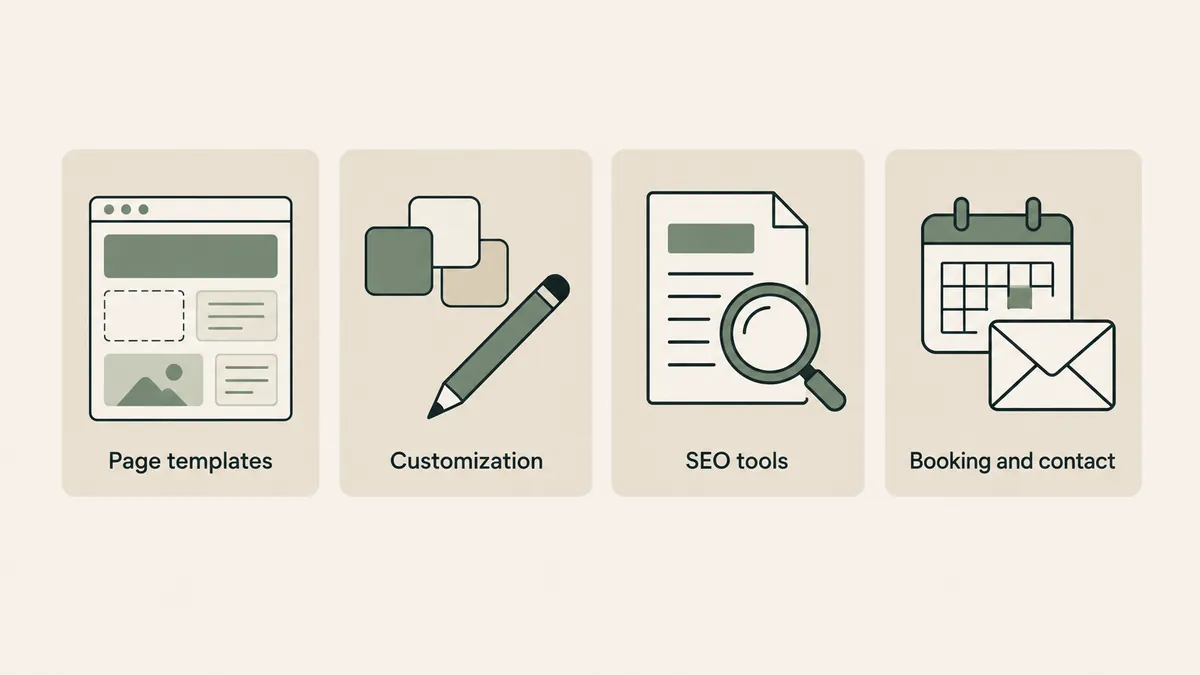 Templates, customization, SEO tools and booking cards illustrate website builder features for therapy practices.