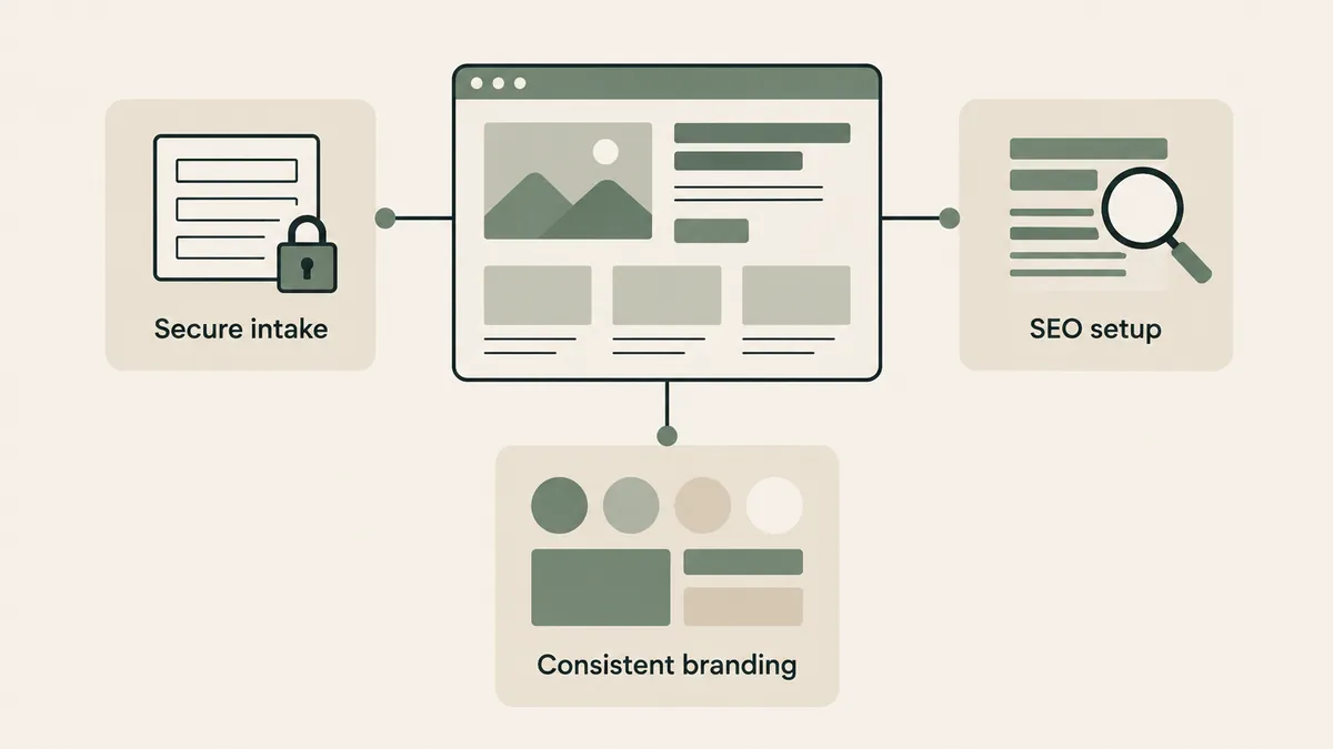 Secure intake, SEO setup and consistent branding connect to a therapist website as areas for professional improvement.