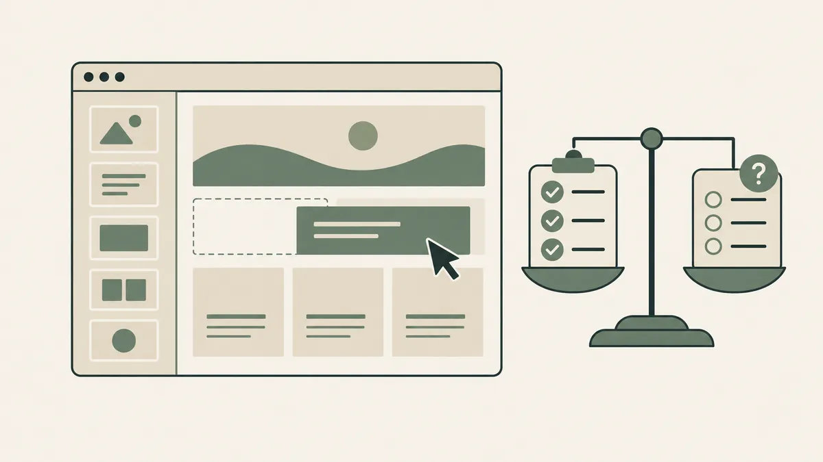 A drag-and-drop page editor sits beside balanced checklists for assessing a therapist website builder's fit.