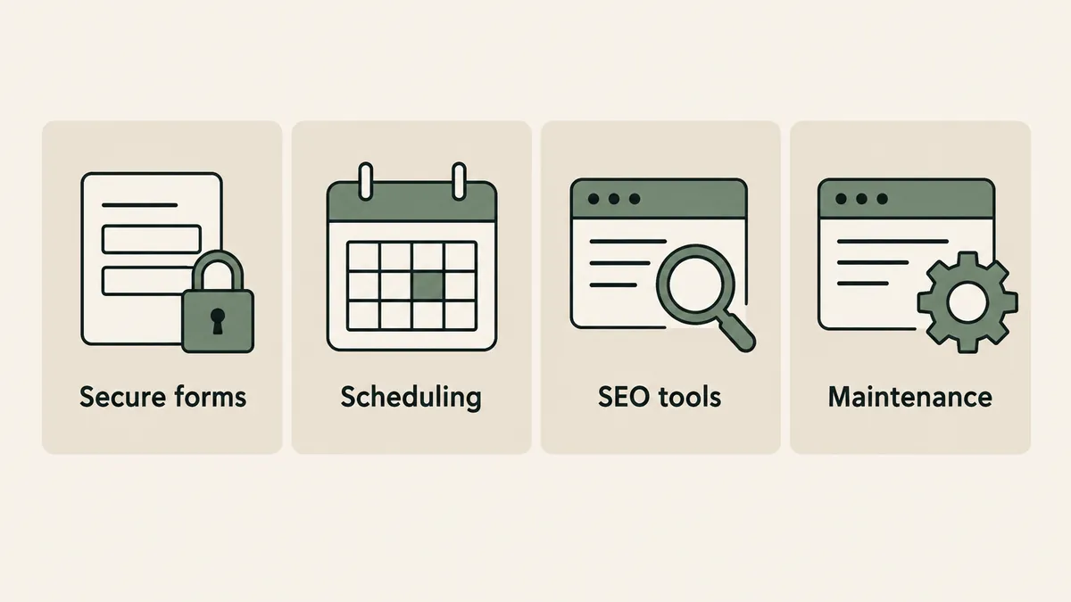 Four panels show secure forms, scheduling, SEO tools and maintenance for comparing therapy website platforms.
