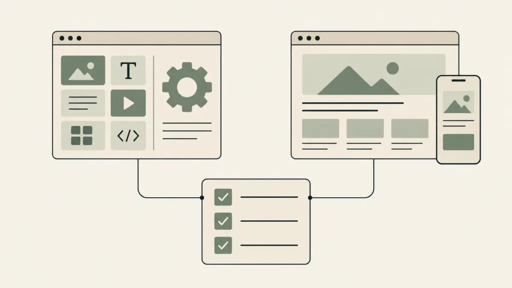 Two website layouts connect to a shared checklist, illustrating how to compare therapy website platforms.