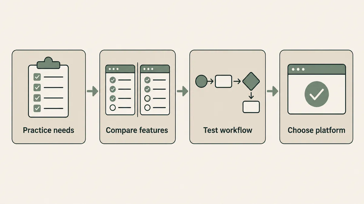 Four linked steps show needs, feature comparison, workflow testing and selection of a therapy website platform.