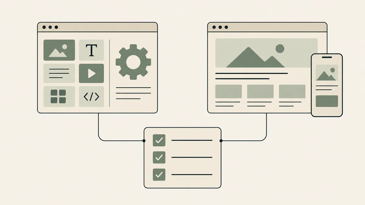 Two website layouts connect to a shared checklist, illustrating how to compare therapy website platforms.