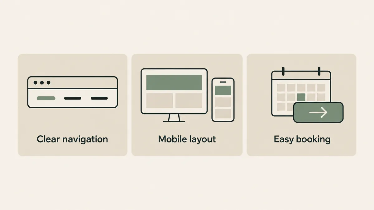 Navigation, responsive screens and a booking button show three essentials of therapist WordPress website design.