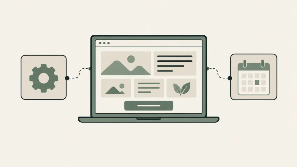 Laptop with modular page blocks connects to settings and booking tools for a therapist WordPress website.