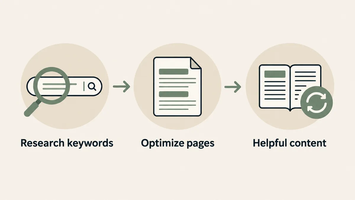 Search research, page headings and refreshed content illustrate WordPress SEO steps for therapist websites.