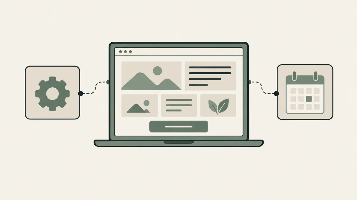 Laptop with modular page blocks connects to settings and booking tools for a therapist WordPress website.