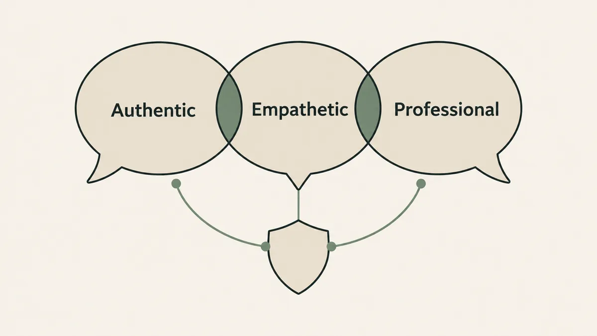 Three speech bubbles connect authenticity, empathy and professionalism to trust in a therapy brand.