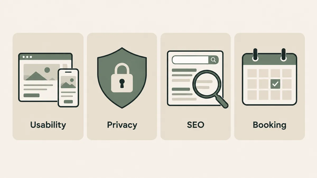 Four panels show usability, privacy, SEO and booking as core elements of a custom therapist website.