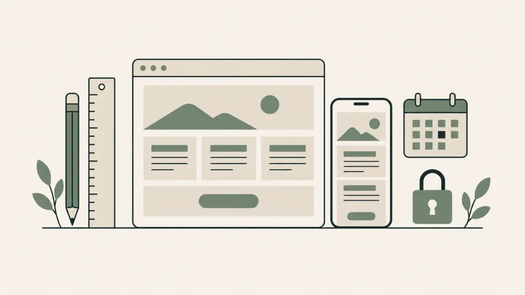 Desktop and mobile website layouts sit beside design tools, a calendar and padlock for custom therapist websites.
