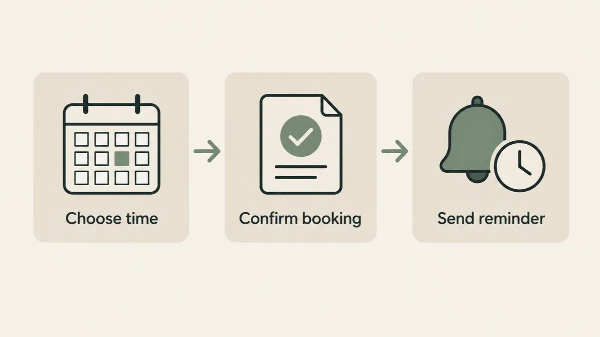 Calendar, confirmation and reminder icons show an integrated appointment booking flow for therapist websites.