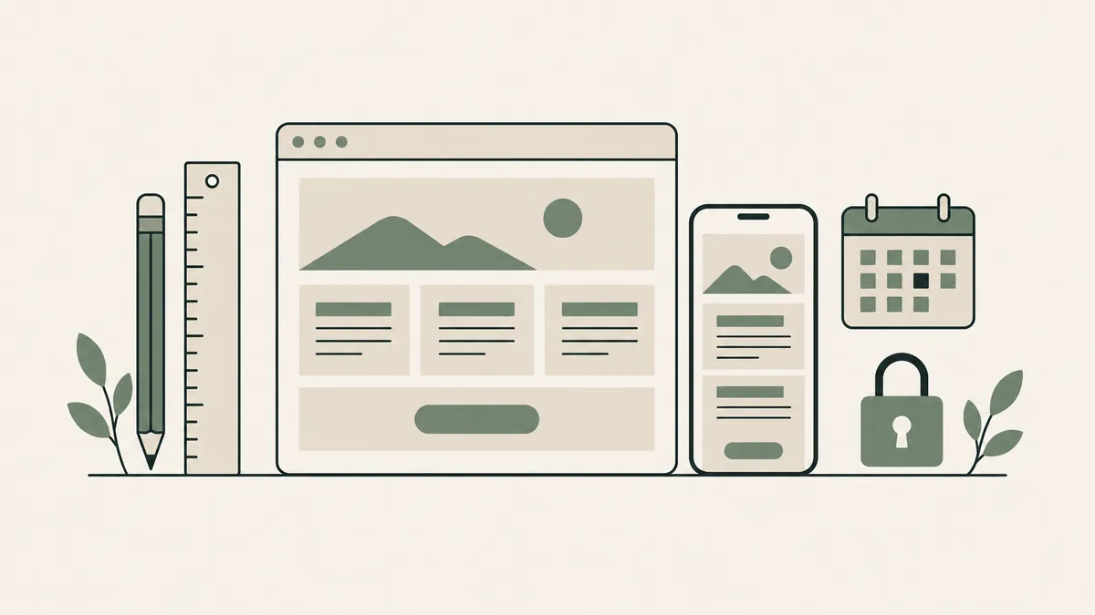 Desktop and mobile website layouts sit beside design tools, a calendar and padlock for custom therapist websites.