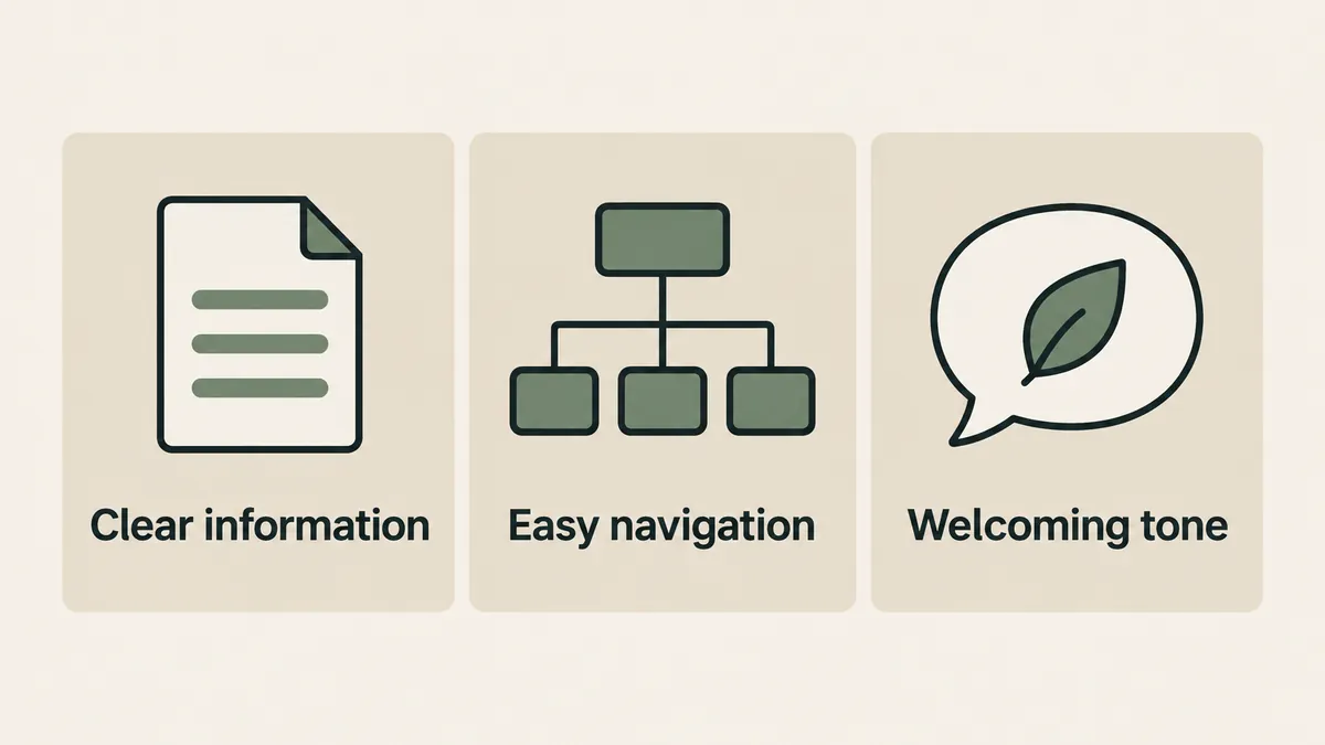 A document, navigation tree and leaf speech bubble show clear, welcoming design for a trauma therapist website.