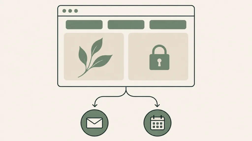 A spacious webpage with leaf and padlock branches to contact options, illustrating choice in trauma therapy website design.