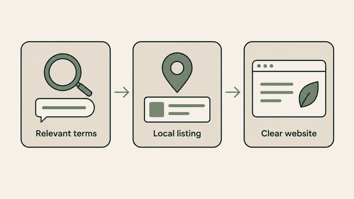 A search term, local listing and clear webpage form a discovery path for a trauma therapy practice online.
