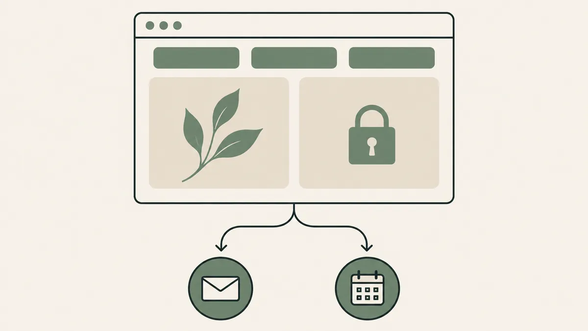 A spacious webpage with leaf and padlock branches to contact options, illustrating choice in trauma therapy website design.