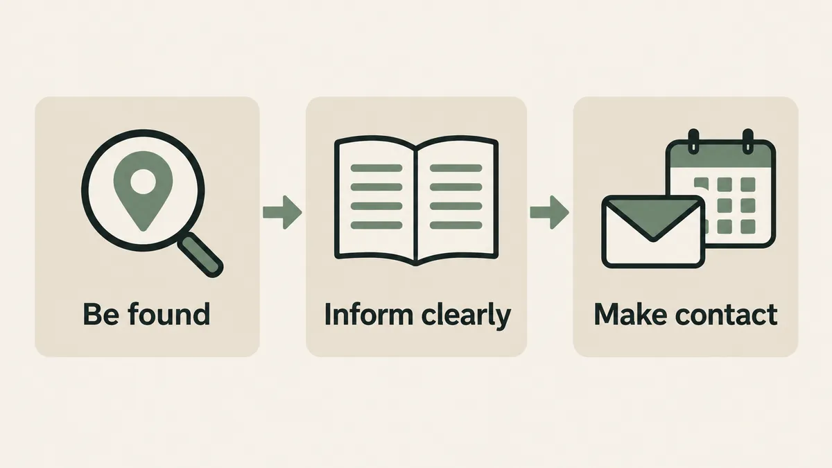 A search pin, resource book and contact icons show how digital marketing helps people find and approach a therapy practice.