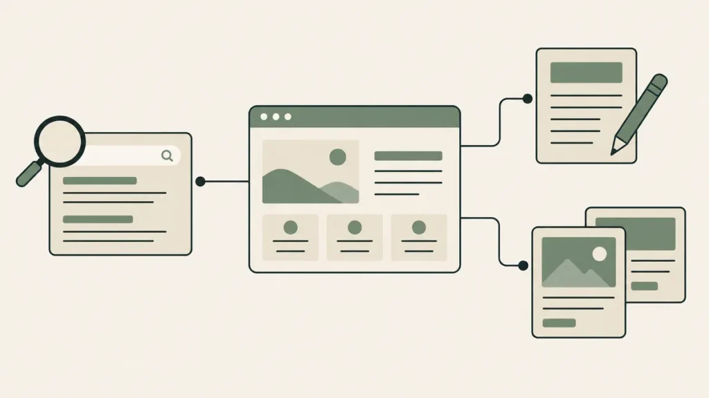 A website connects to search, writing and content cards, illustrating a coordinated digital strategy for therapists.