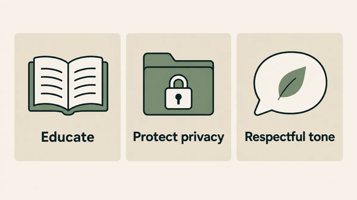 A book, locked folder and leaf speech bubble illustrate educational, private and respectful therapist social media content.