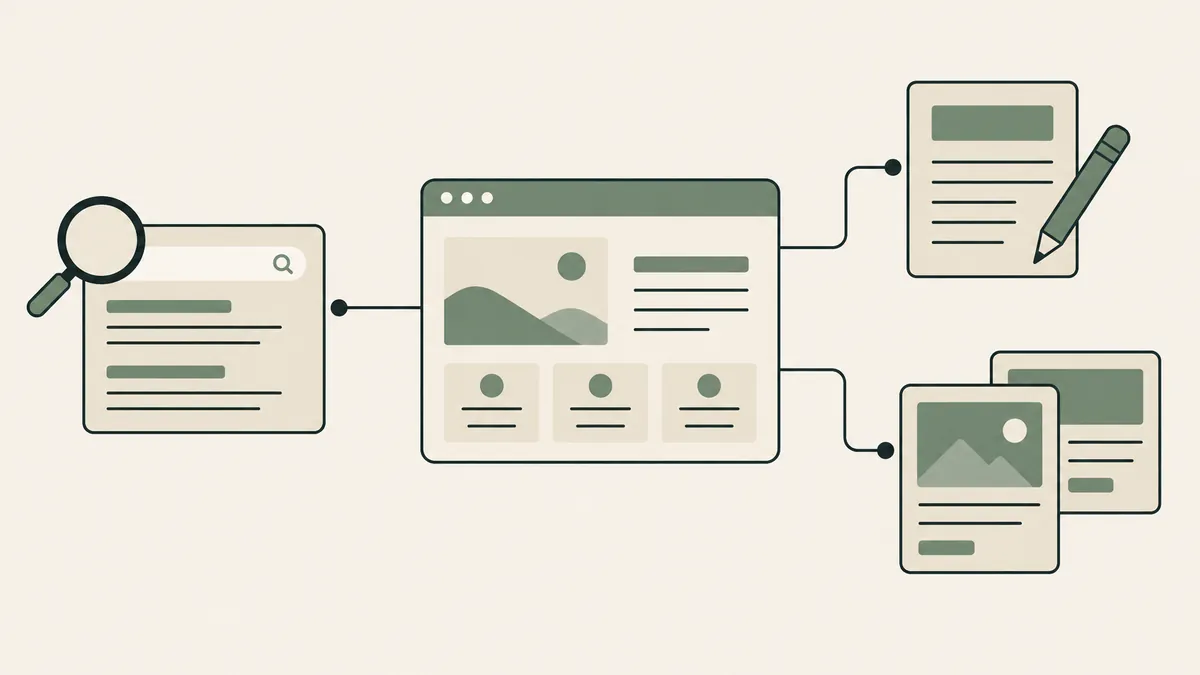 A website connects to search, writing and content cards, illustrating a coordinated digital strategy for therapists.