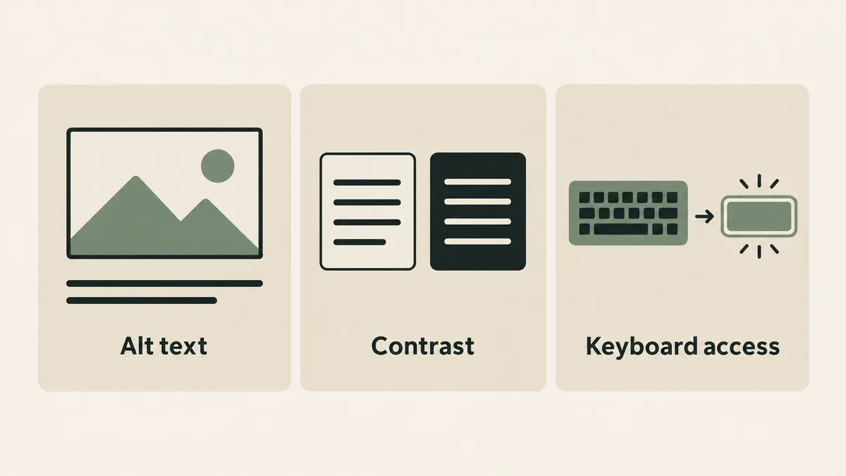 Image descriptions, contrasting text and keyboard focus illustrate common therapist website accessibility checks.