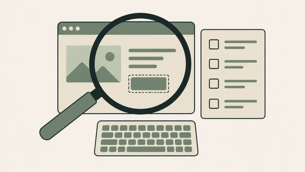 A magnifying glass examines a website beside a keyboard and checklist, illustrating therapist website accessibility audits.