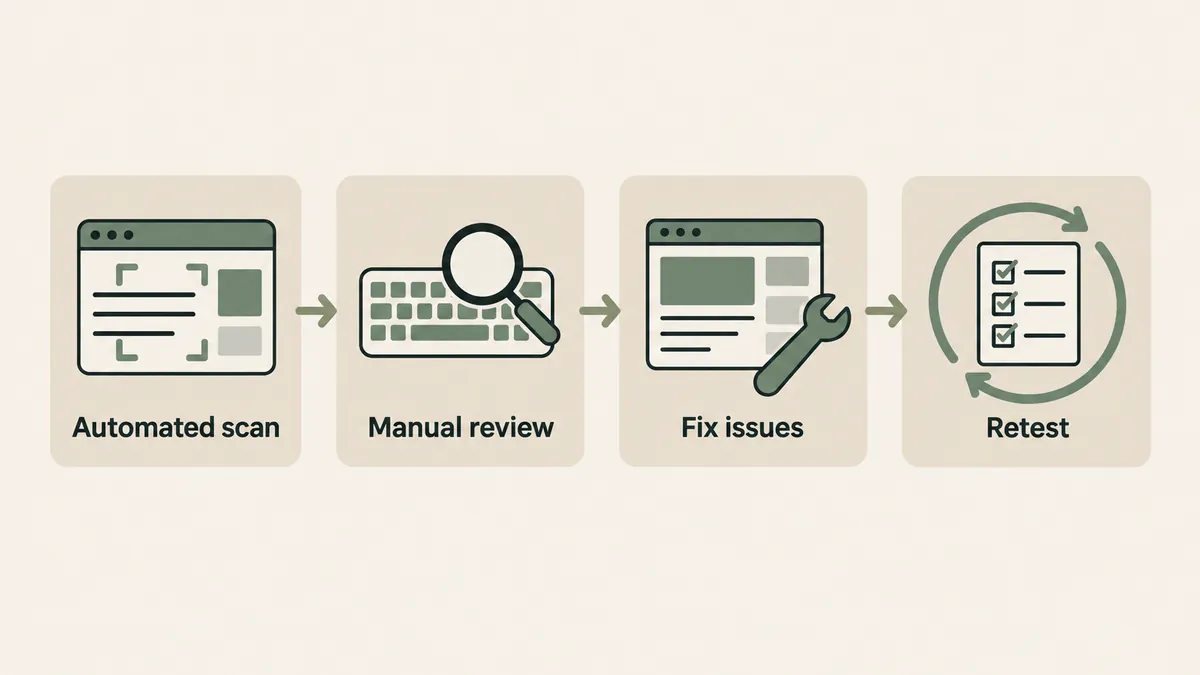 Automated scanning, manual review, repairs and retesting form a four-step therapist website accessibility workflow.