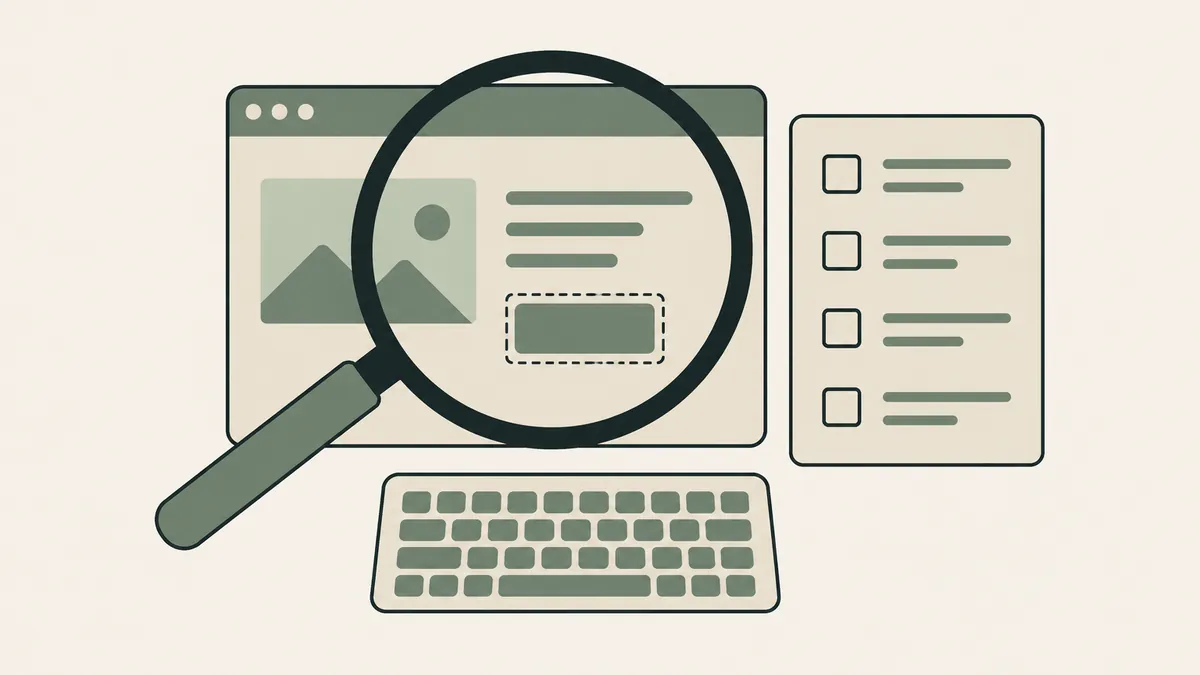 A magnifying glass examines a website beside a keyboard and checklist, illustrating therapist website accessibility audits.
