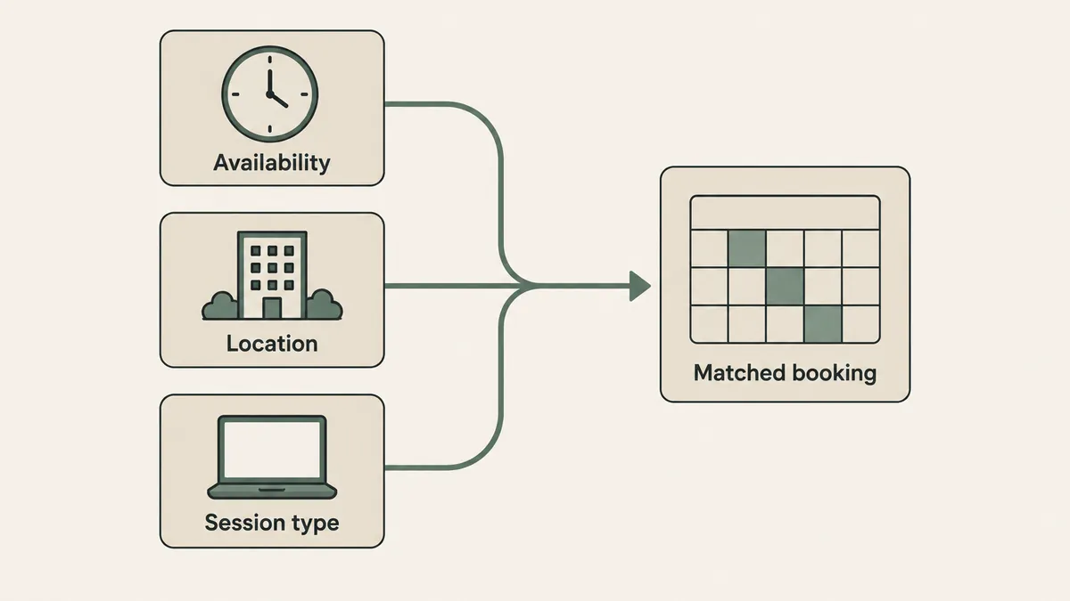 Availability, location and session type feed a matched booking calendar for multi-clinician group practice scheduling.