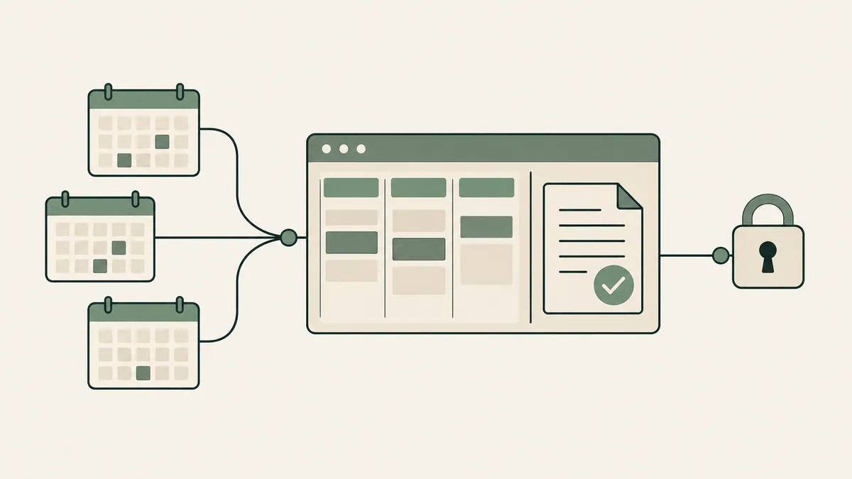 Three calendars feed a shared scheduling and document review dashboard with a lock for group practice EHR workflows.