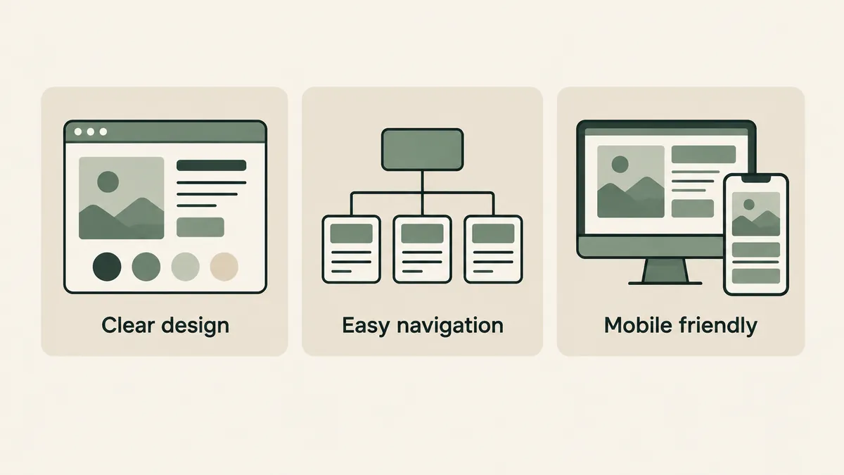 Website layout, navigation map and matching device screens show three key features of an effective therapist website.