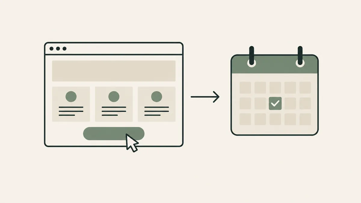 A clear website button connects to a checked calendar, showing the appointment path on a therapist website.