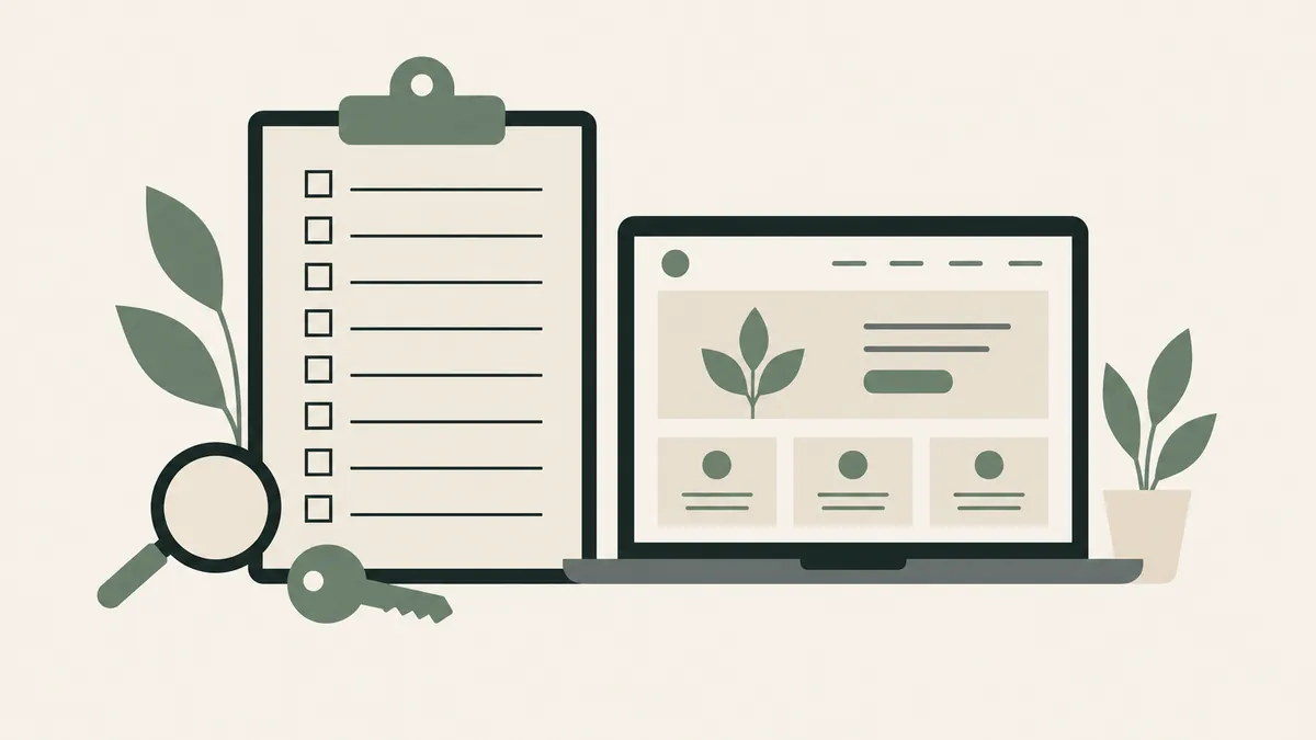 An eight-item checklist, key and magnifying glass sit beside a laptop for evaluating a therapist website designer.